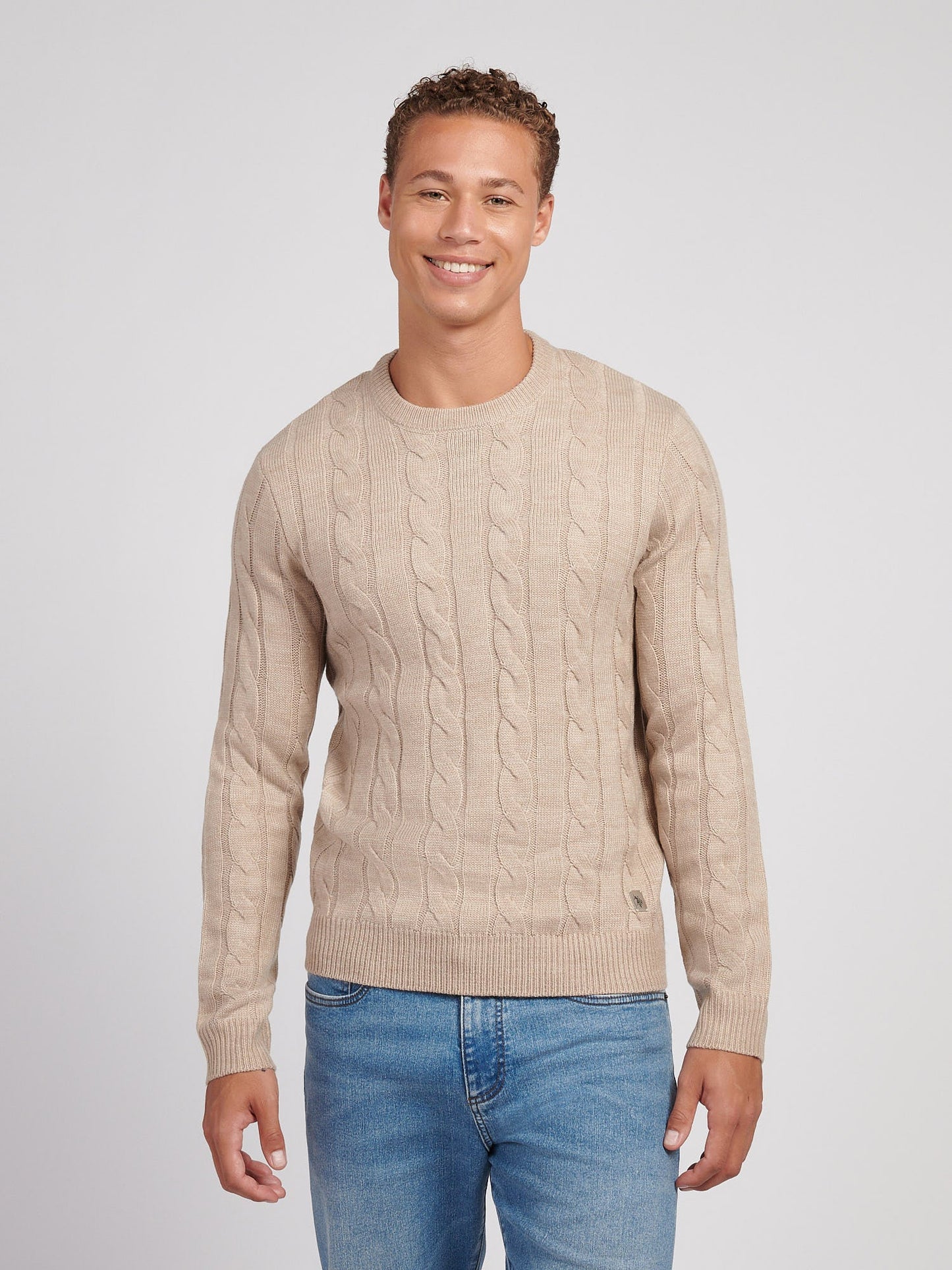 Mens Cable Knit Crew in Atmosphere Marl