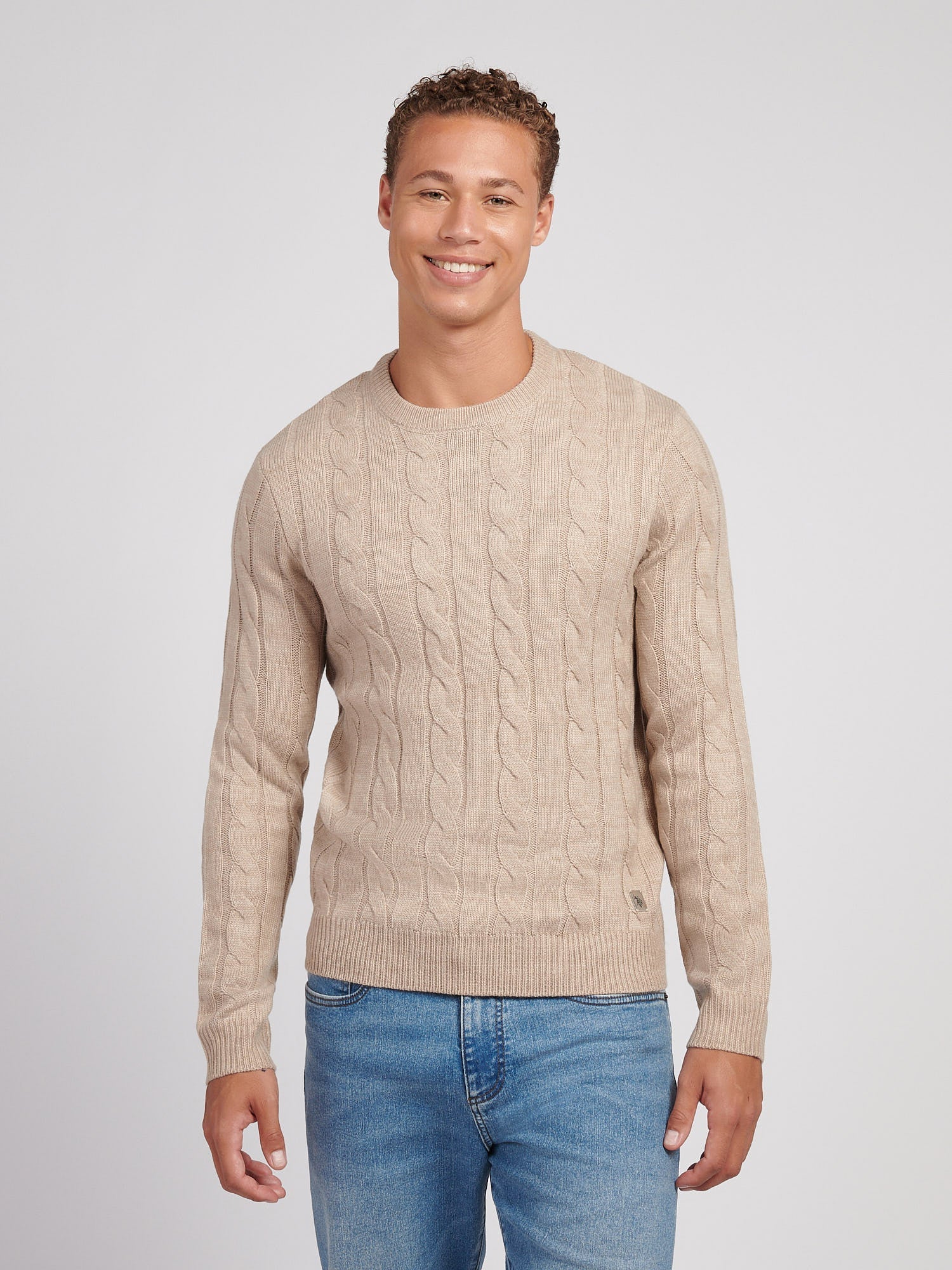Mens Cable Knit Crew in Atmosphere Marl