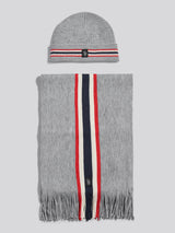 Mens Brand Stripe Beanie & Scarf Box Set in Mid Grey Marl
