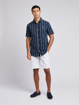 Mens Double Horsemen Striped Short Sleeve Shirt in Dark Sapphire Navy / Moonlight Blue DHM