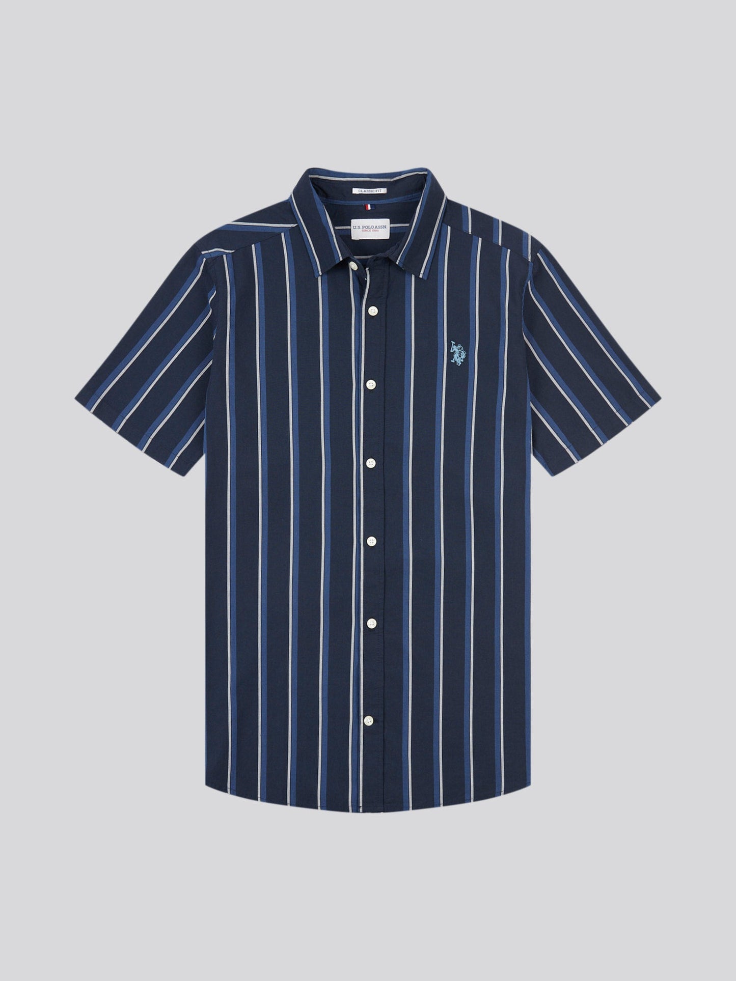 Mens Double Horsemen Striped Short Sleeve Shirt in Dark Sapphire Navy / Moonlight Blue DHM