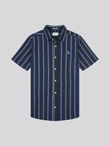 Mens Double Horsemen Striped Short Sleeve Shirt in Dark Sapphire Navy / Moonlight Blue DHM