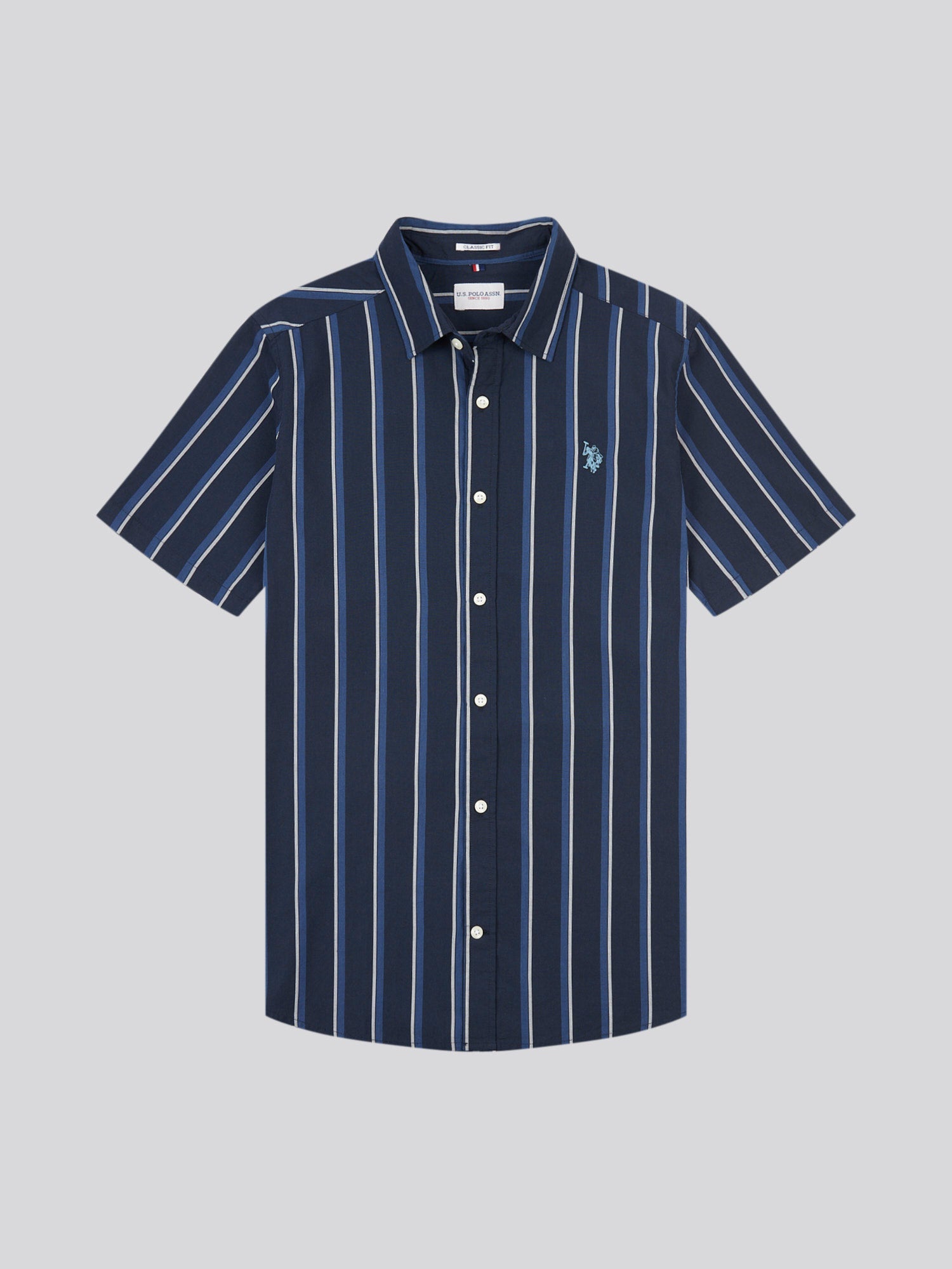Mens Double Horsemen Striped Short Sleeve Shirt in Dark Sapphire Navy / Moonlight Blue DHM