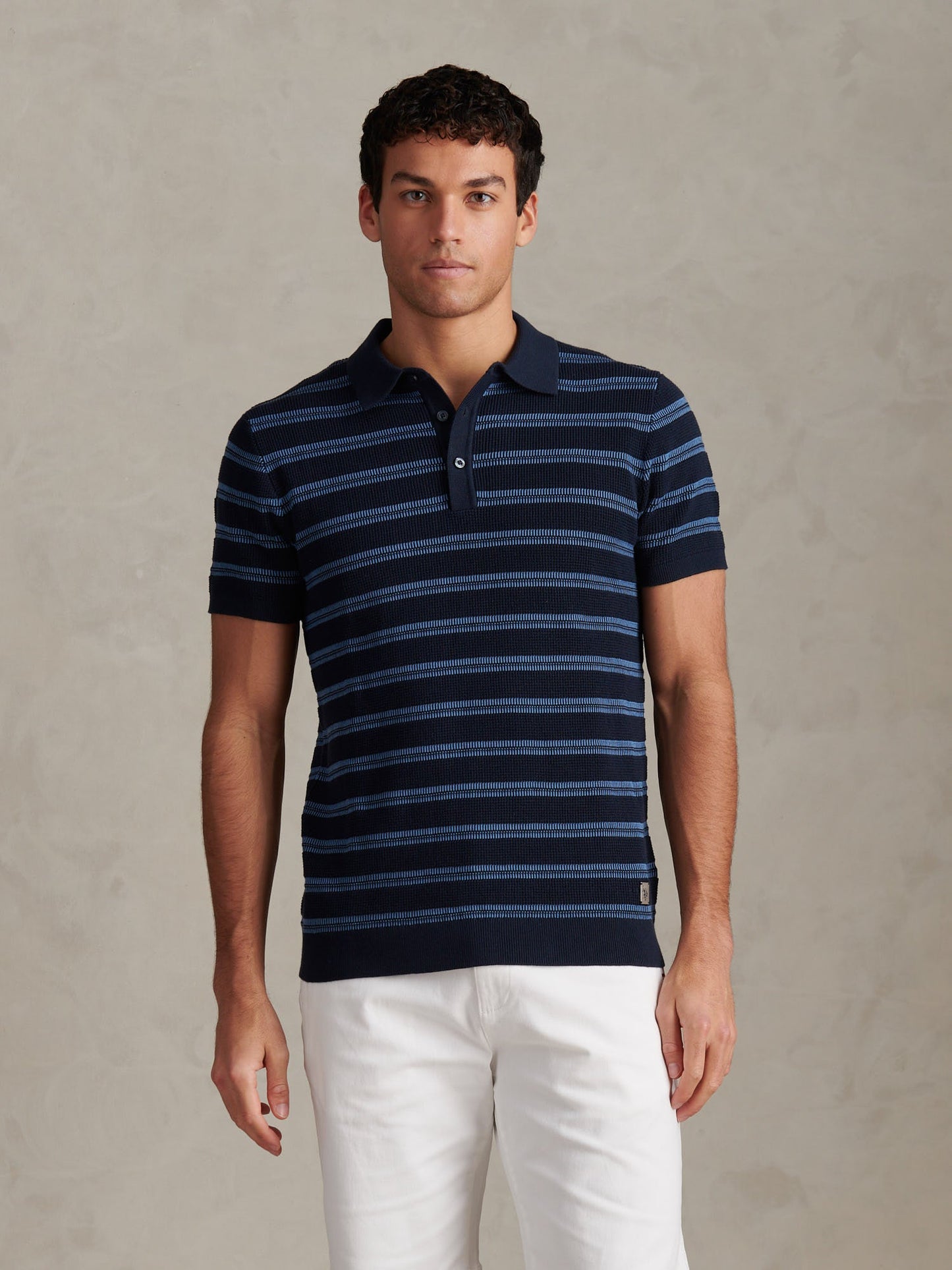 Mens Stripe Open Knit Polo Shirt Dark Sapphire Navy