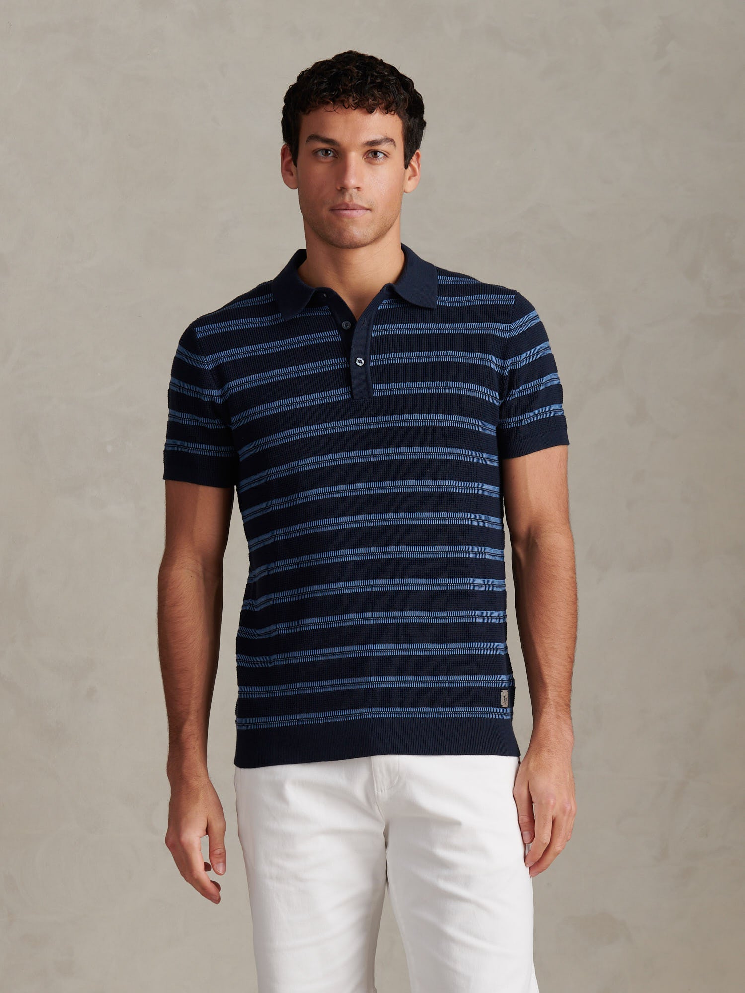Mens Stripe Open Knit Polo Shirt Dark Sapphire Navy