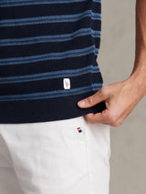 Mens Stripe Open Knit Polo Shirt Dark Sapphire Navy