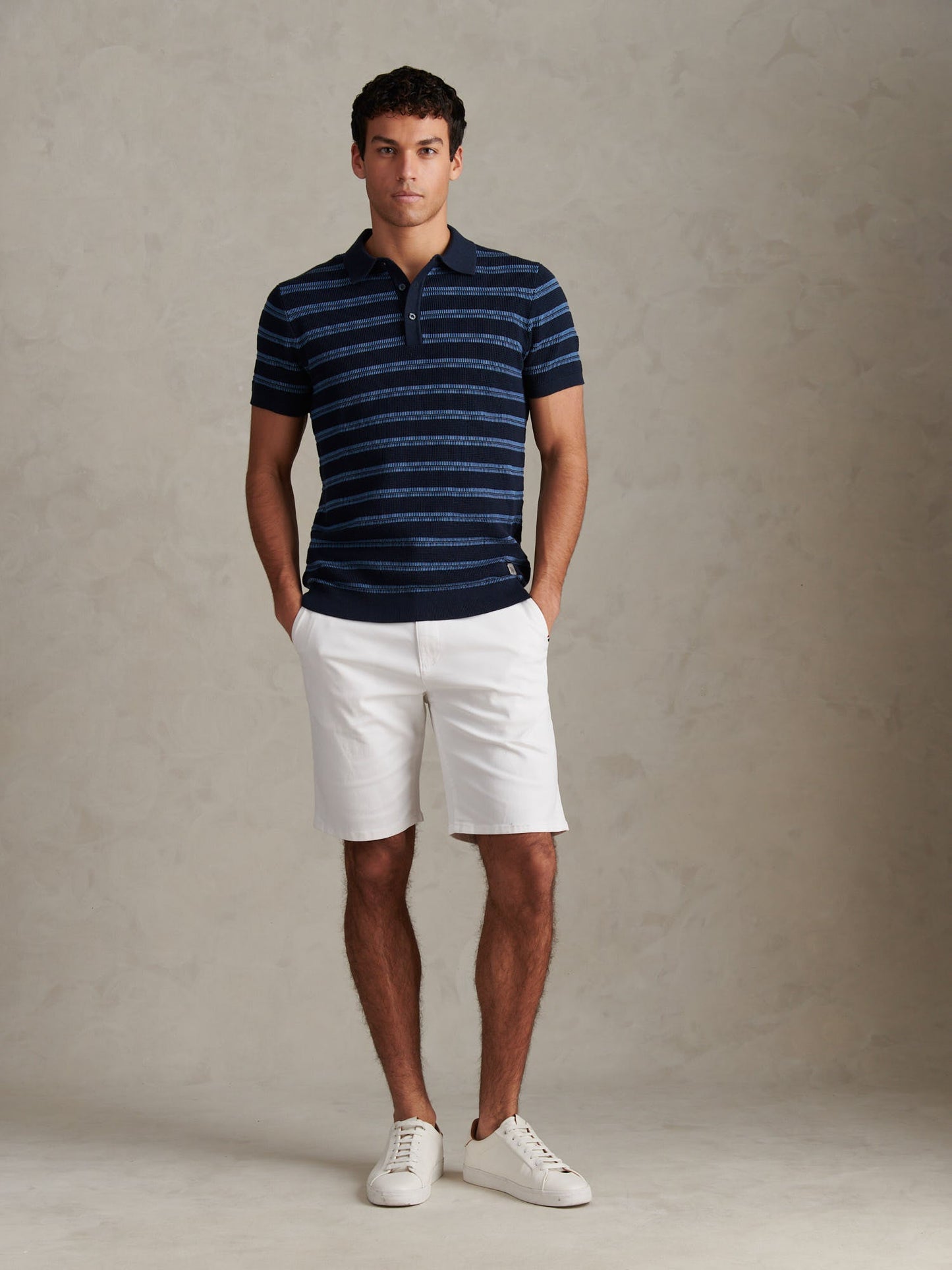Mens Stripe Open Knit Polo Shirt Dark Sapphire Navy