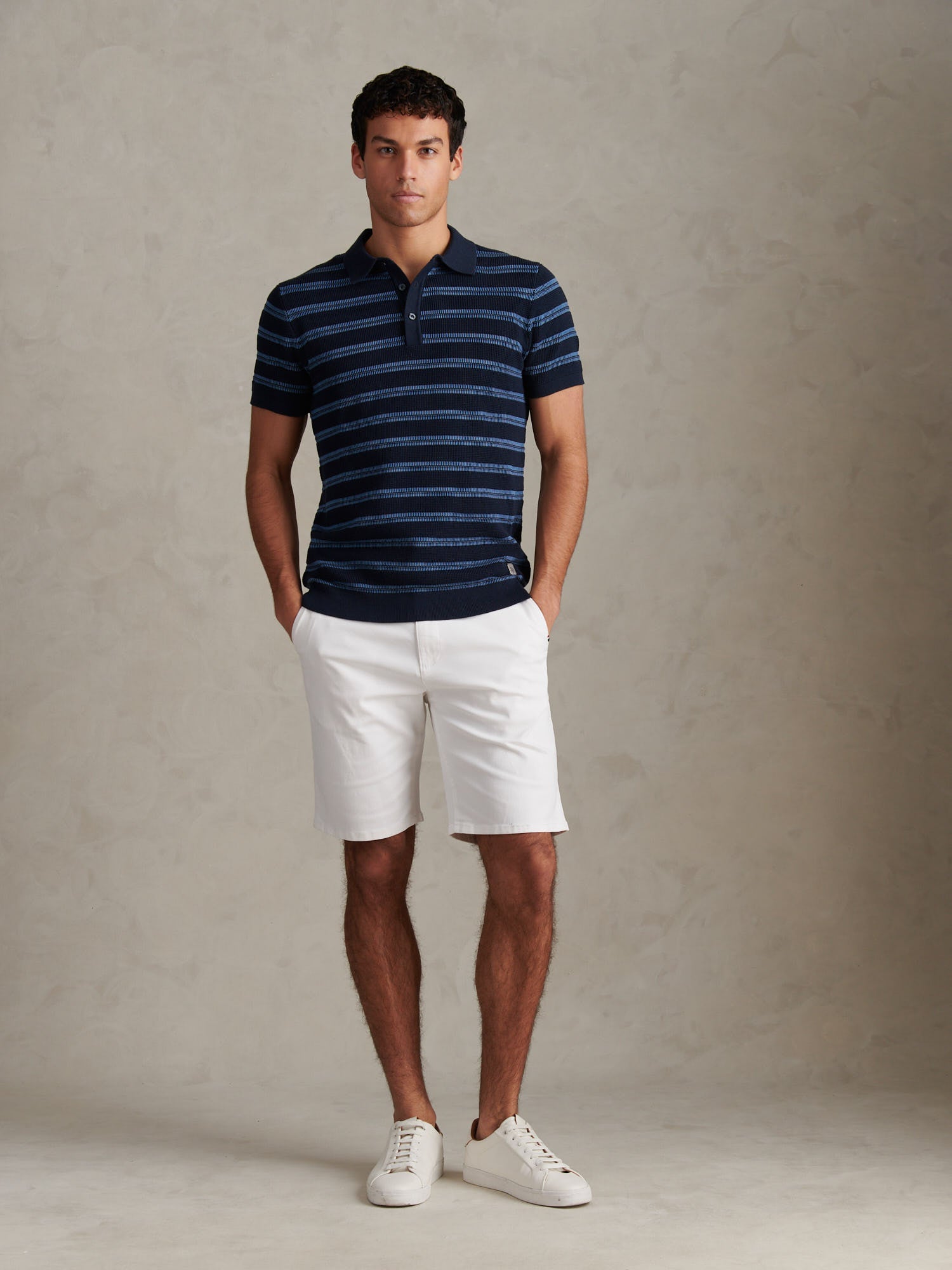 Mens Stripe Open Knit Polo Shirt Dark Sapphire Navy