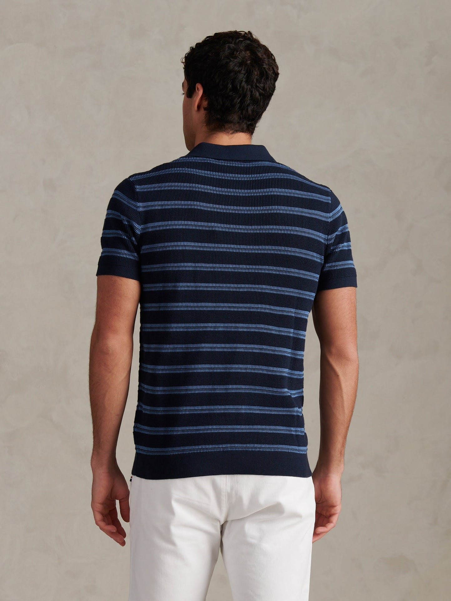 Mens Stripe Open Knit Polo Shirt Dark Sapphire Navy