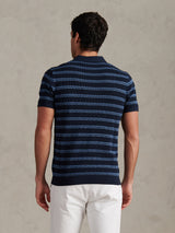 Mens Stripe Open Knit Polo Shirt Dark Sapphire Navy