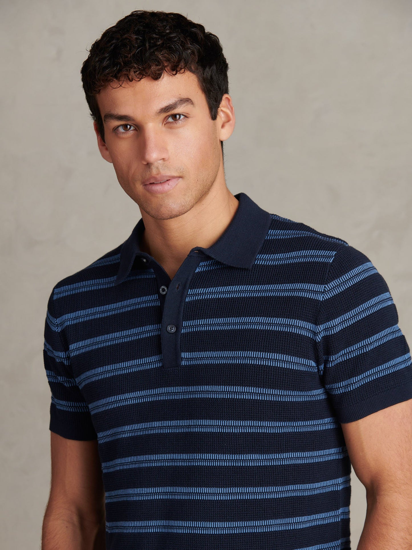 Mens Stripe Open Knit Polo Shirt Dark Sapphire Navy
