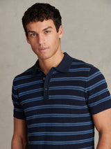 Mens Stripe Open Knit Polo Shirt Dark Sapphire Navy