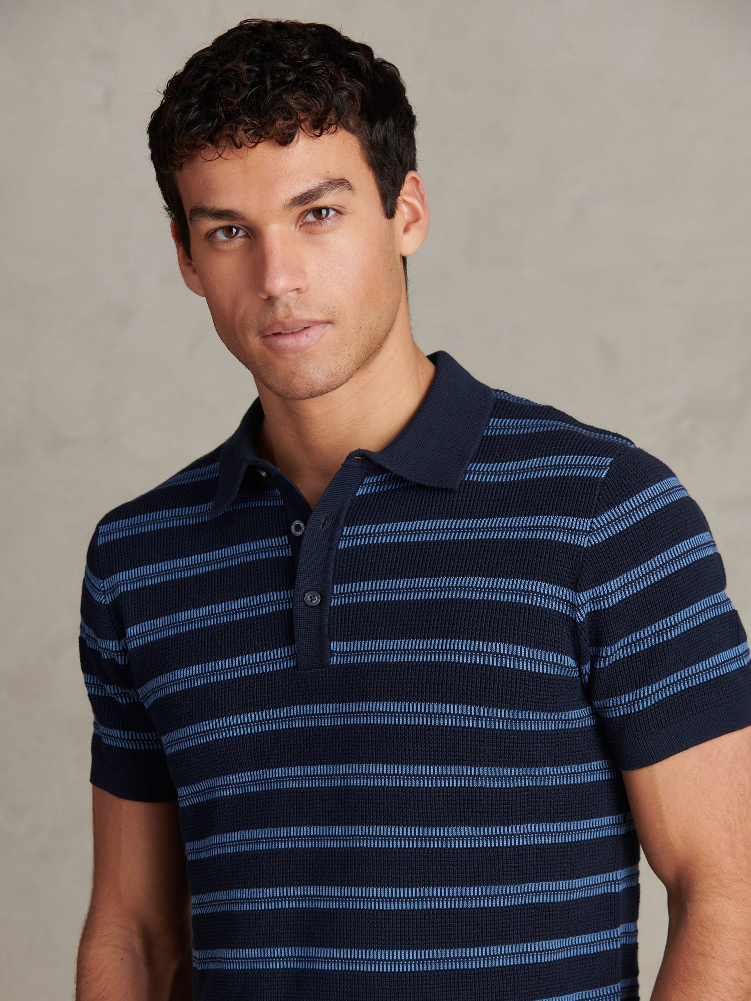 Mens Stripe Open Knit Polo Shirt Dark Sapphire Navy