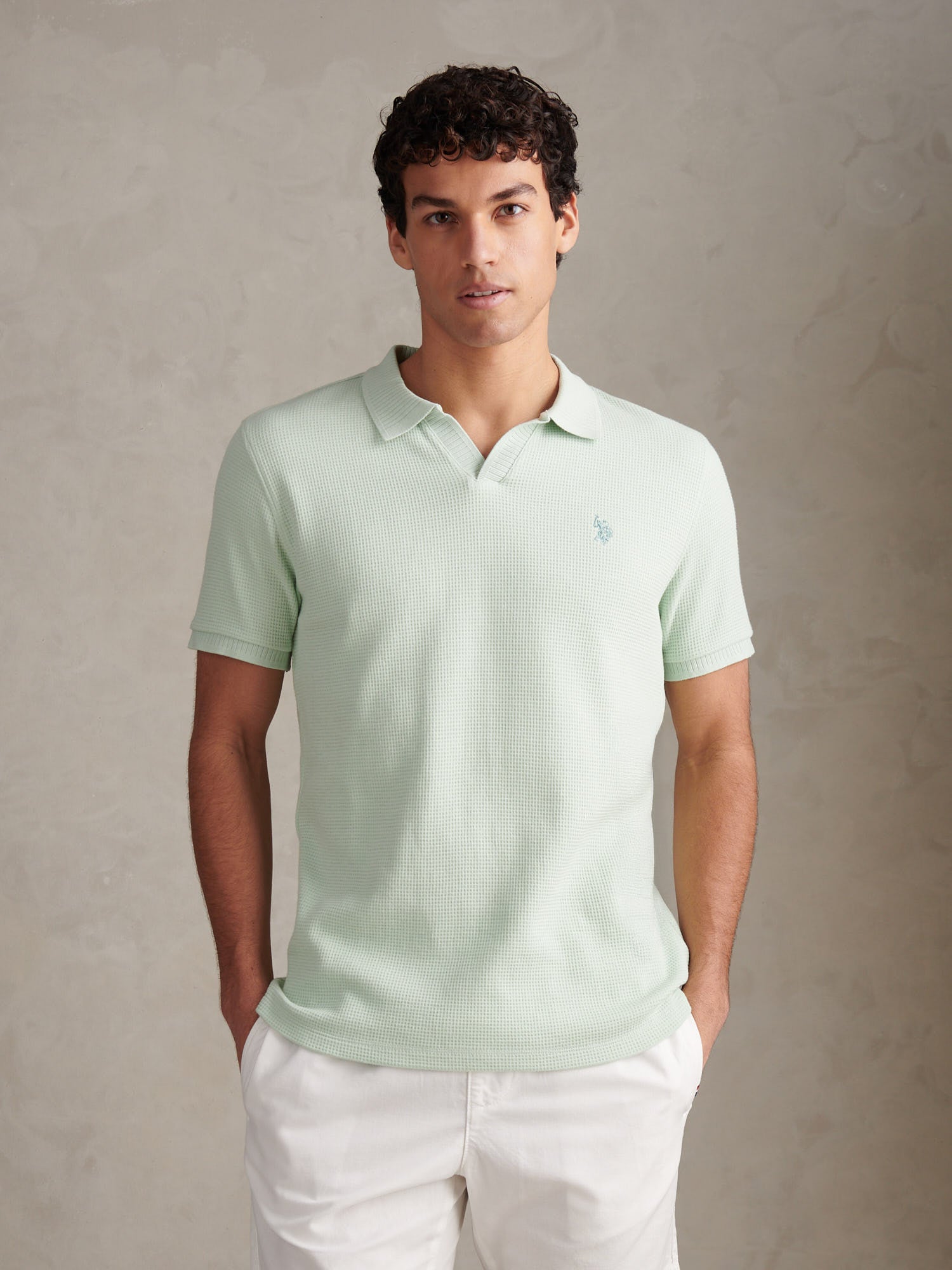 Mens Waffle Open Collar Polo Shirt Aqua Foam