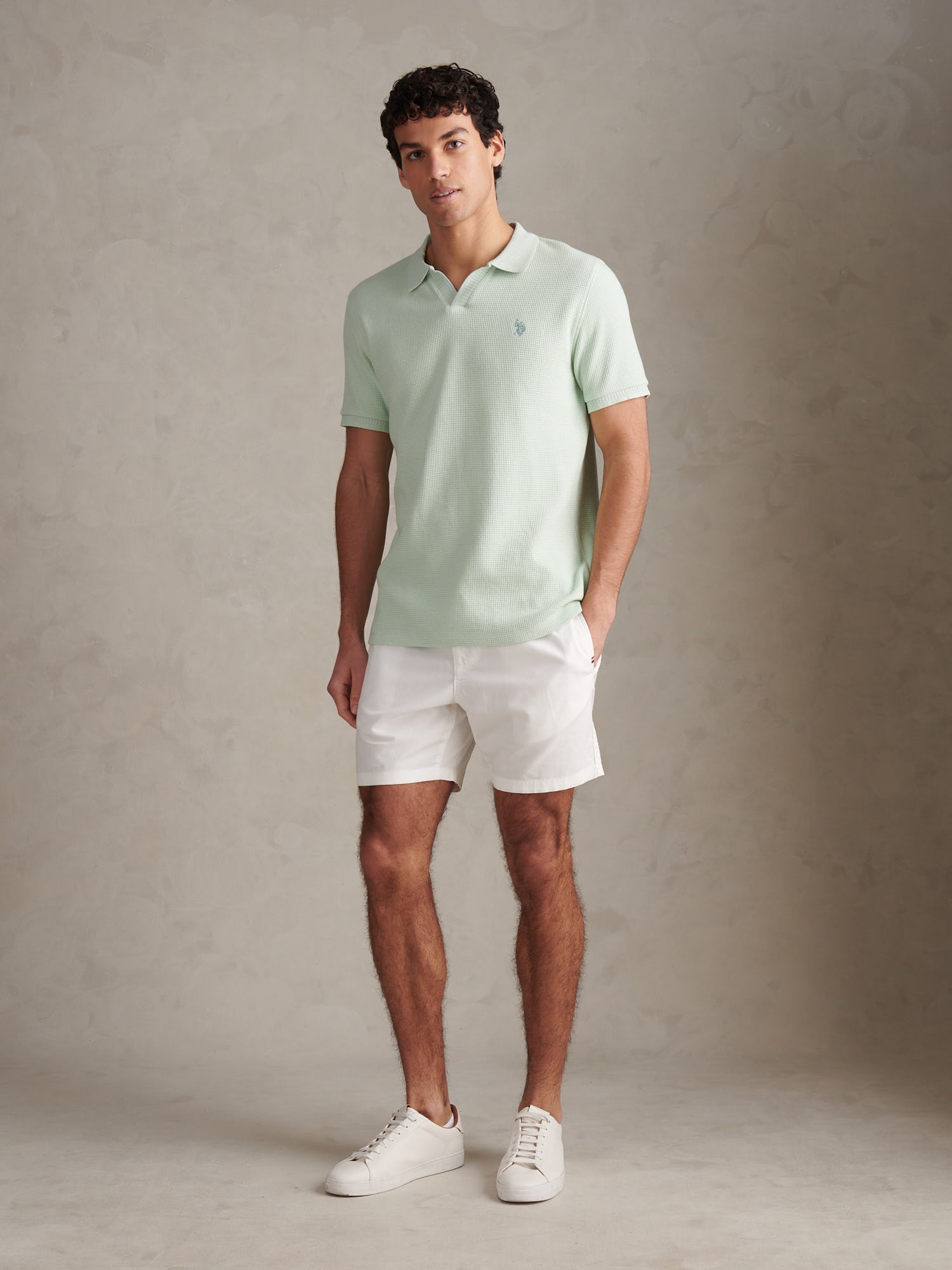 Mens Waffle Open Collar Polo Shirt Aqua Foam