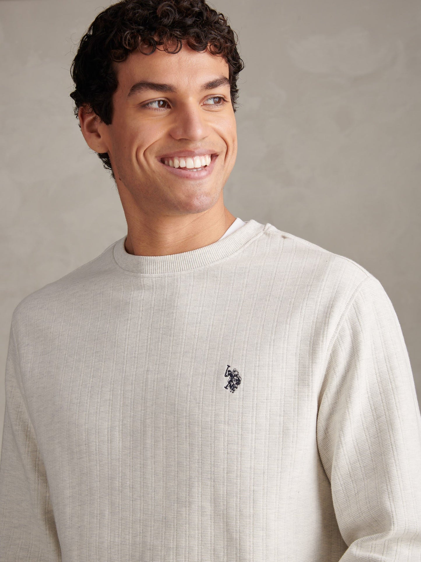 Mens Vertical Texture Double Horsemen Sweatshirt Light Grey Marl