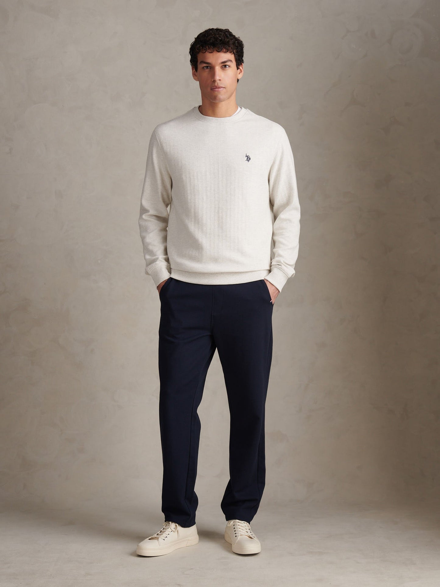 Mens Vertical Texture Double Horsemen Sweatshirt Light Grey Marl