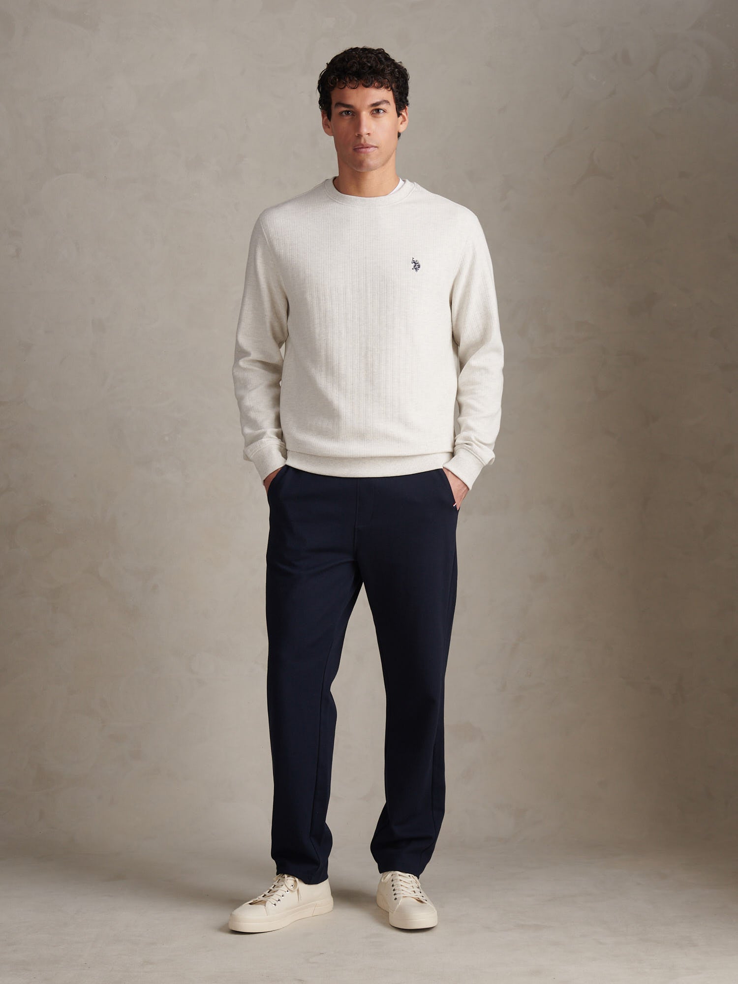 Mens Vertical Texture Double Horsemen Sweatshirt Light Grey Marl