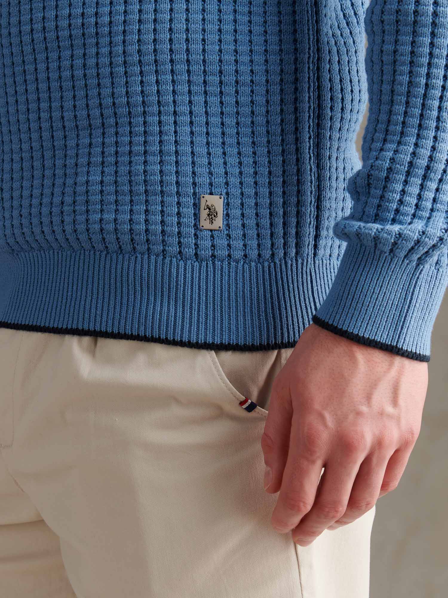 Mens Open Knit Quarter Zip Funnel Jumper Riviera
