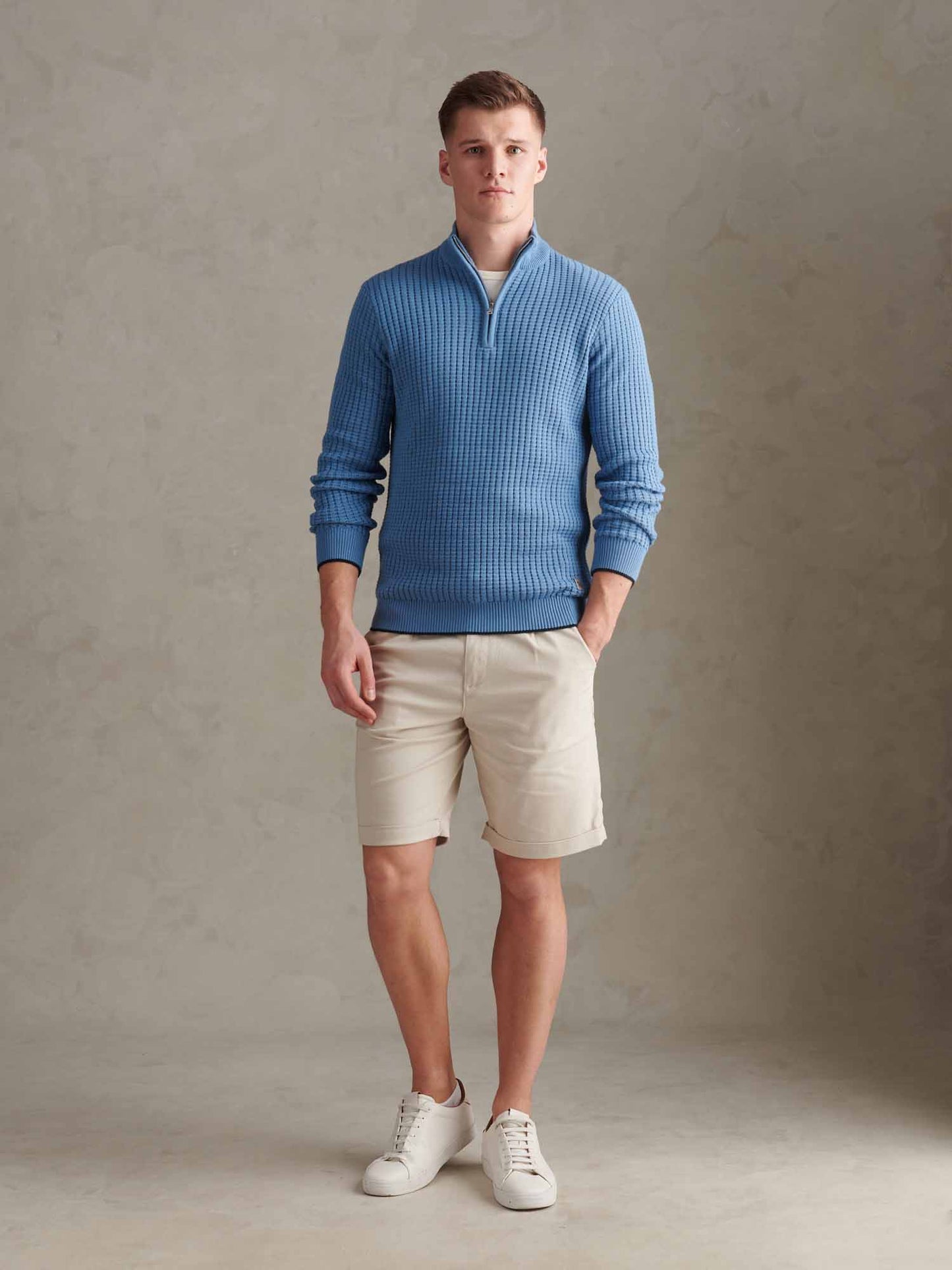 Mens Open Knit Quarter Zip Funnel Jumper Riviera