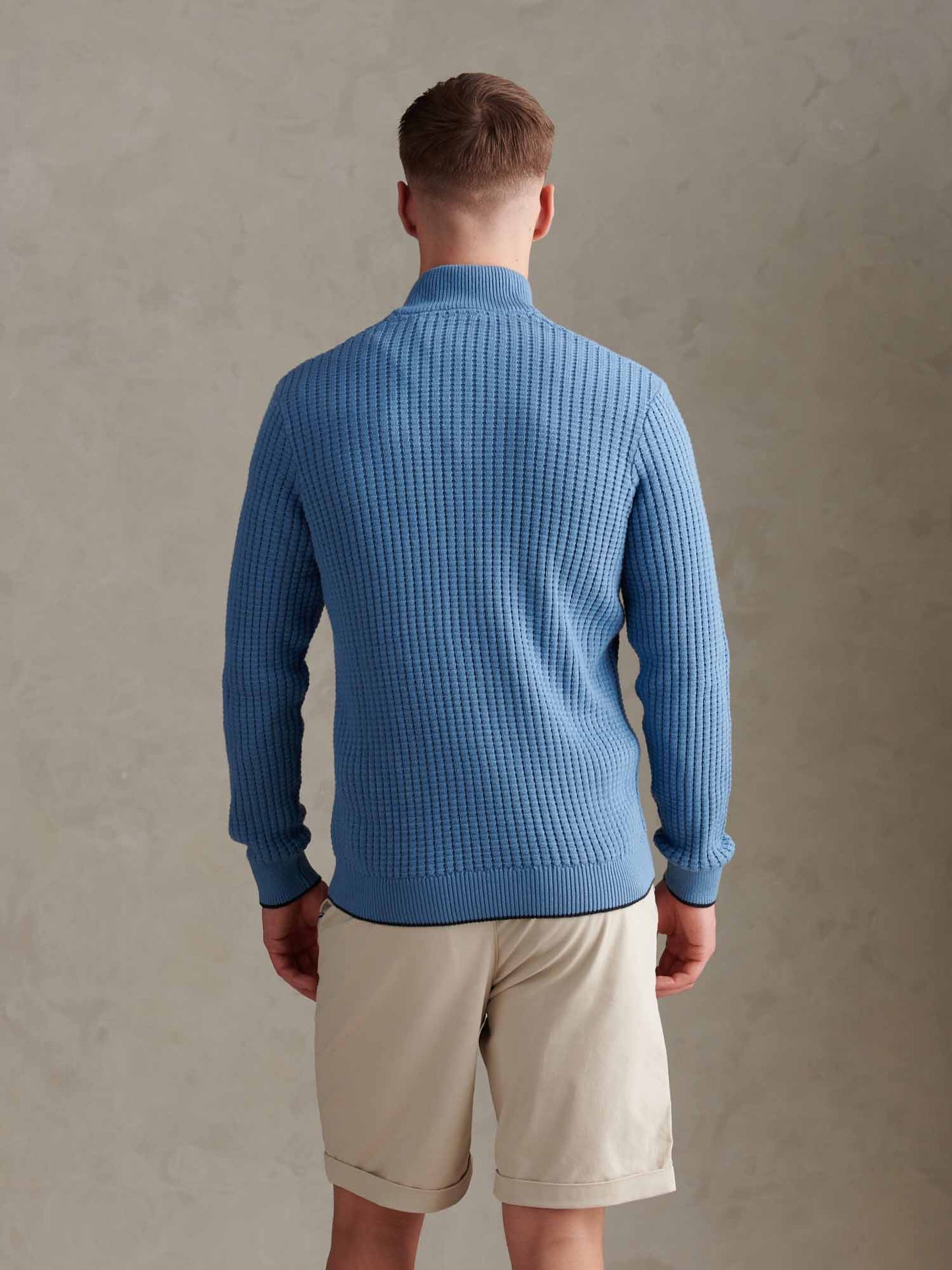 Mens Open Knit Quarter Zip Funnel Jumper Riviera