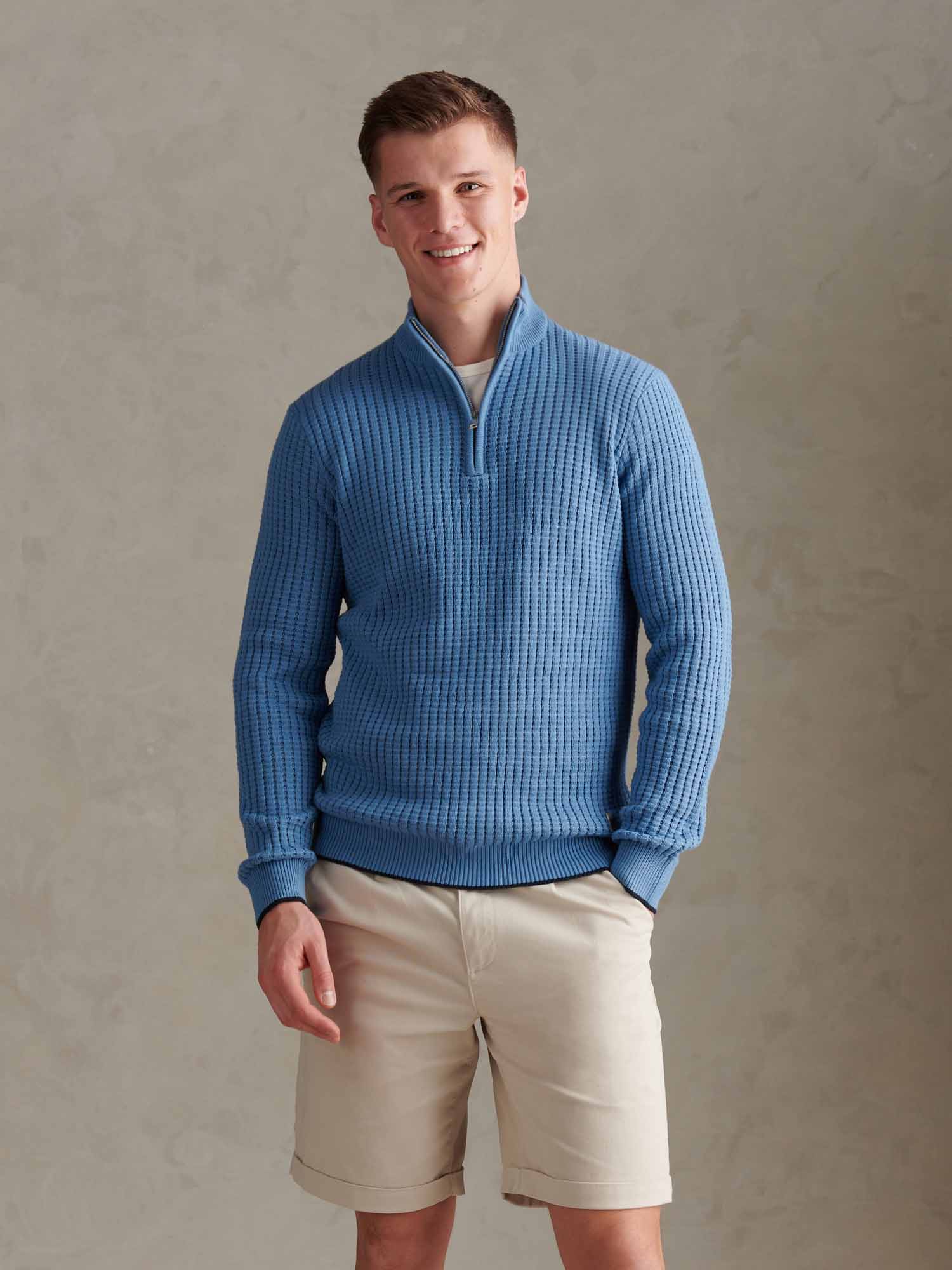 Mens Open Knit Quarter Zip Funnel Jumper Riviera