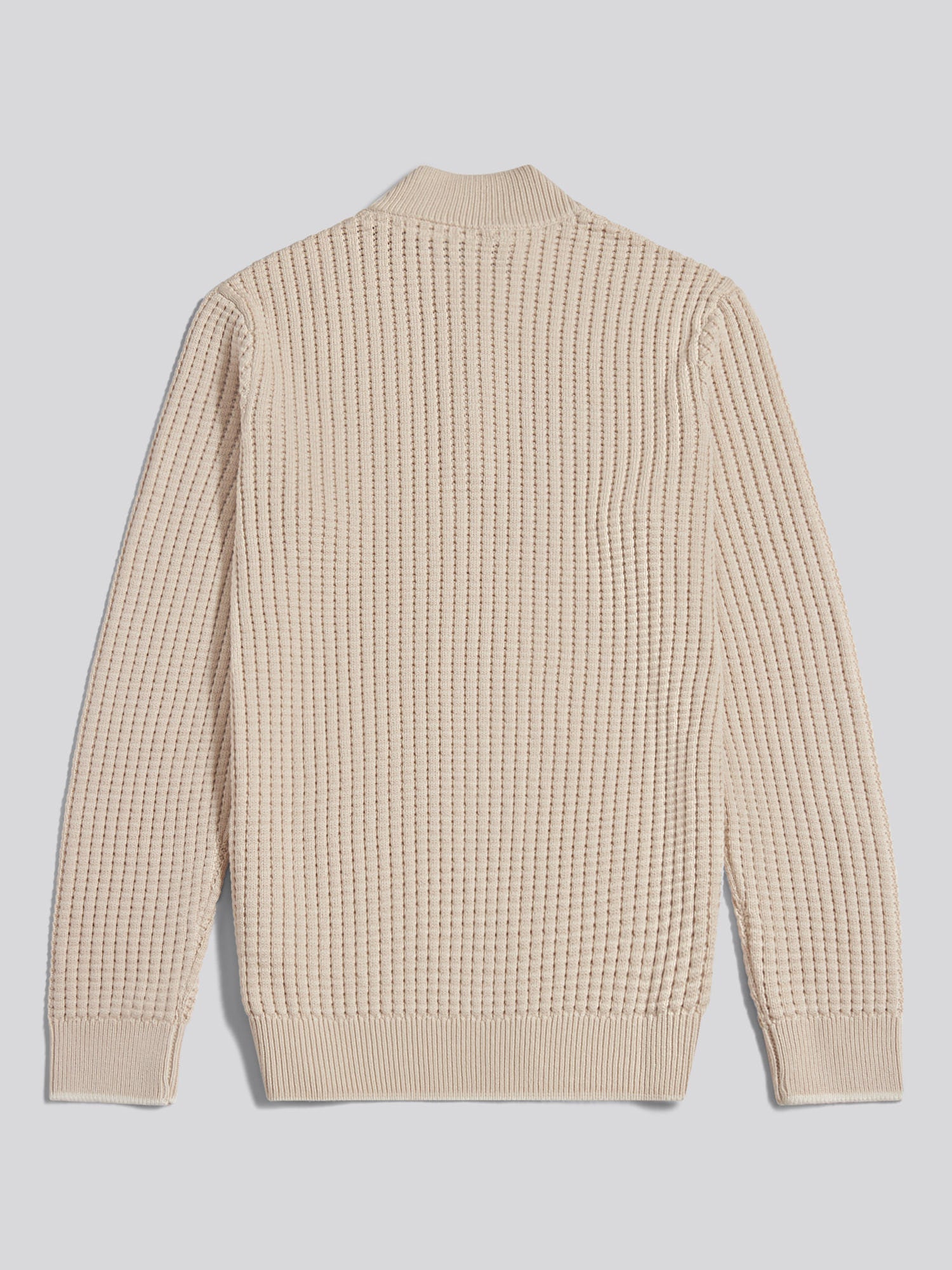 Mens Open Knit Quarter Zip Funnel Jumper Beige