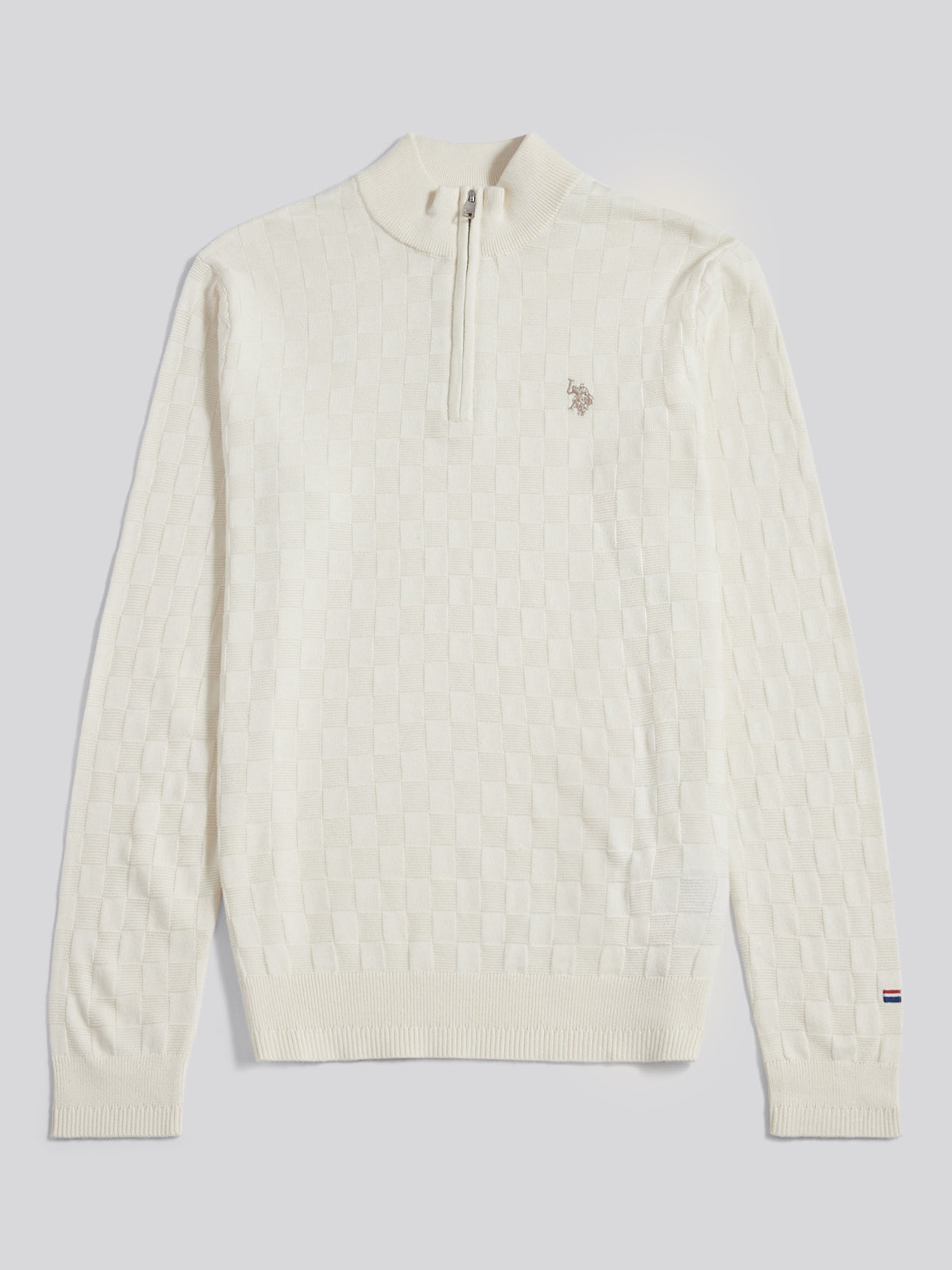Mens Large Check Knit Quarter Zip Funnel Jumper Whisper White