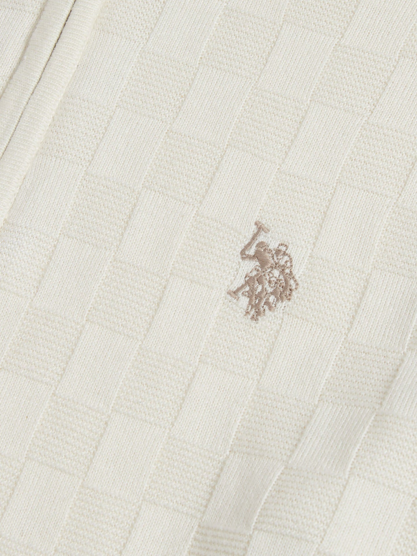 Mens Large Check Knit Quarter Zip Funnel Jumper Whisper White