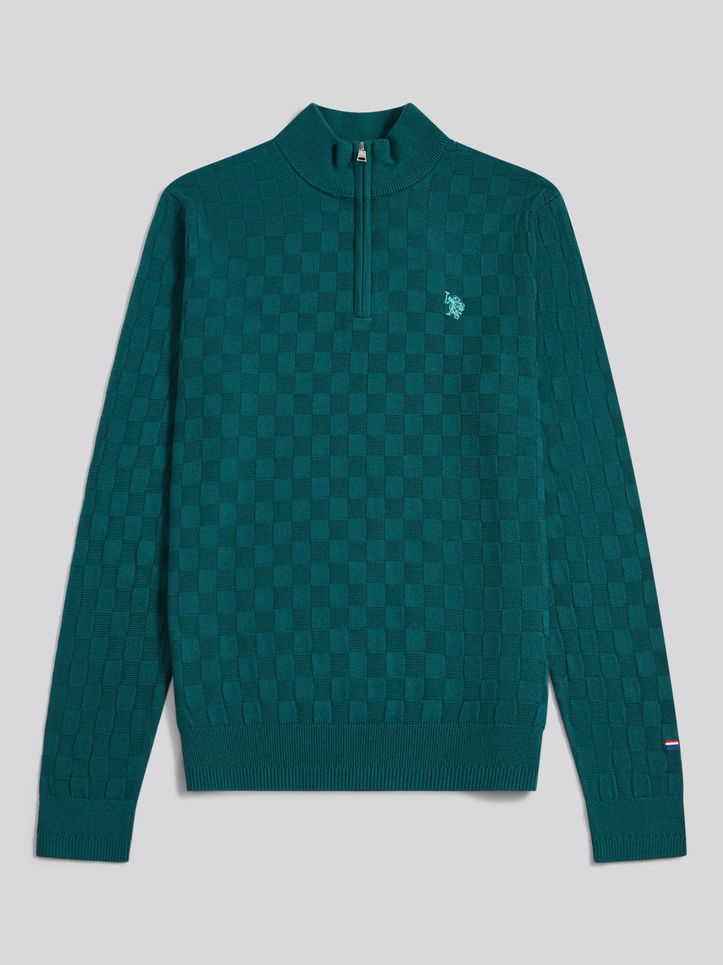 Mens Large Check Knit Quarter Zip Funnel Jumper Mediterranea