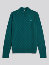 Mens Large Check Knit Quarter Zip Funnel Jumper Mediterranea