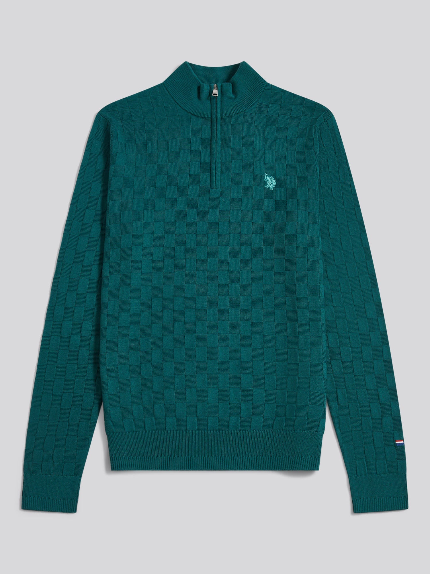 Mens Large Check Knit Quarter Zip Funnel Jumper Mediterranea