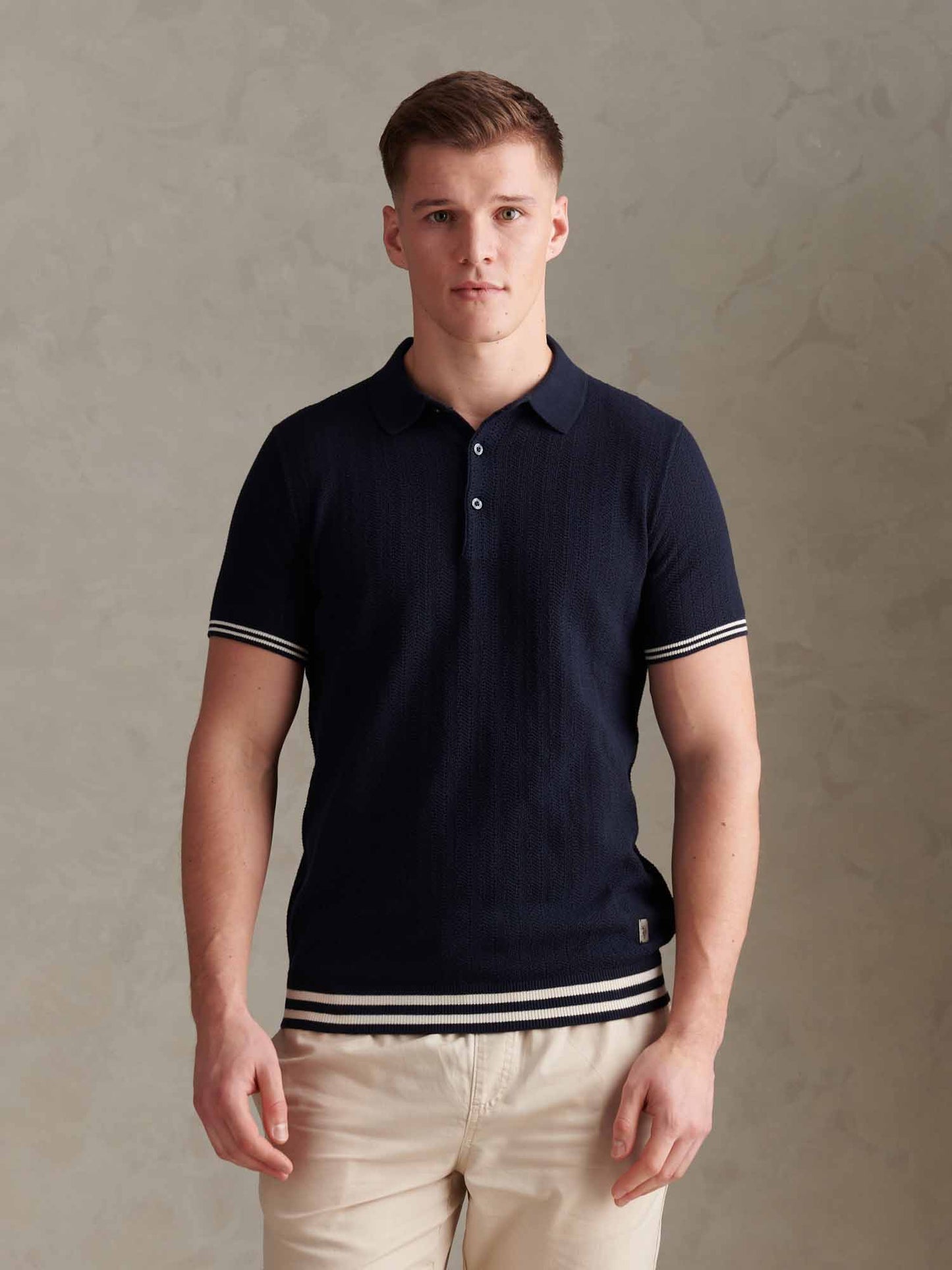 Mens Tipped Open Knit Polo Shirt Dark Sapphire Navy