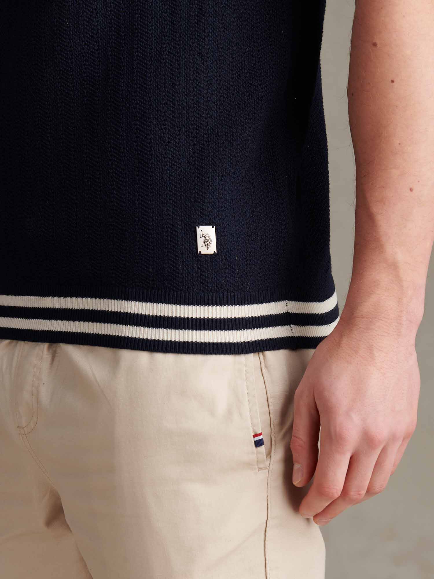 Mens Tipped Open Knit Polo Shirt Dark Sapphire Navy
