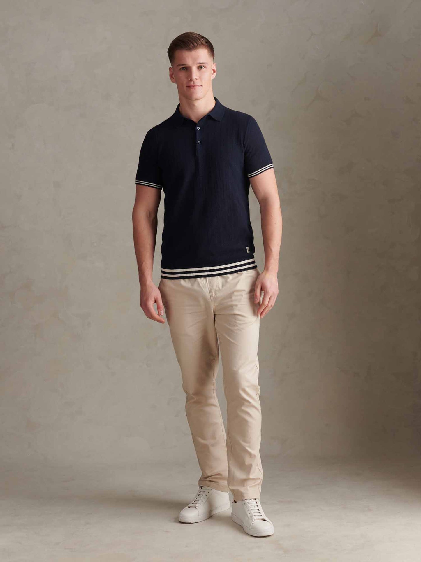 Mens Tipped Open Knit Polo Shirt Dark Sapphire Navy
