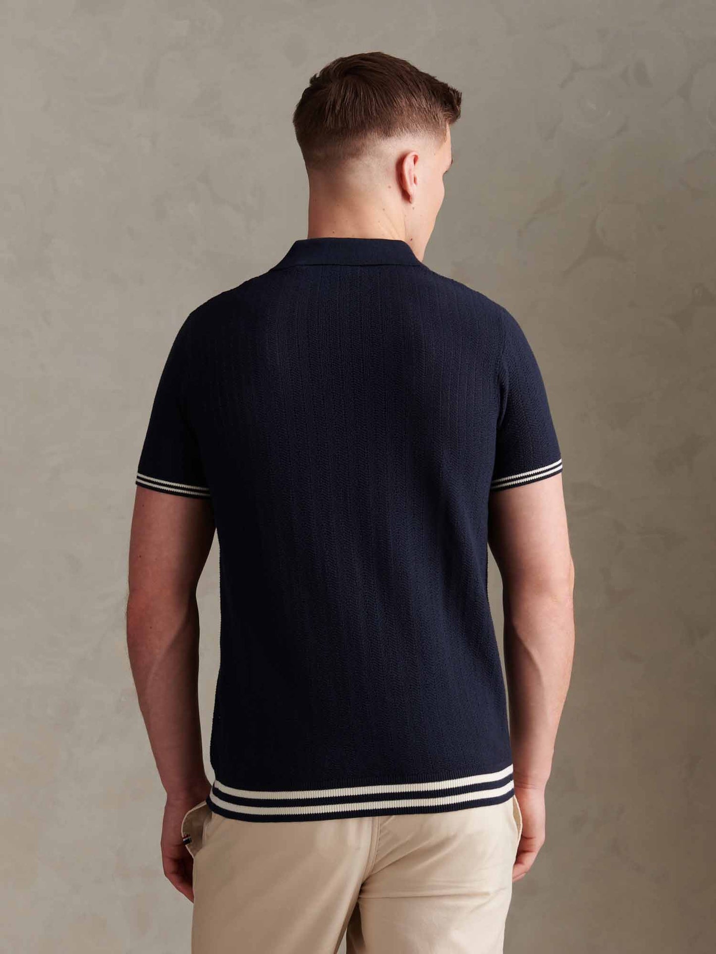 Mens Tipped Open Knit Polo Shirt Dark Sapphire Navy