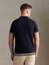 Mens Tipped Open Knit Polo Shirt Dark Sapphire Navy