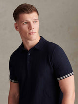 Mens Tipped Open Knit Polo Shirt Dark Sapphire Navy