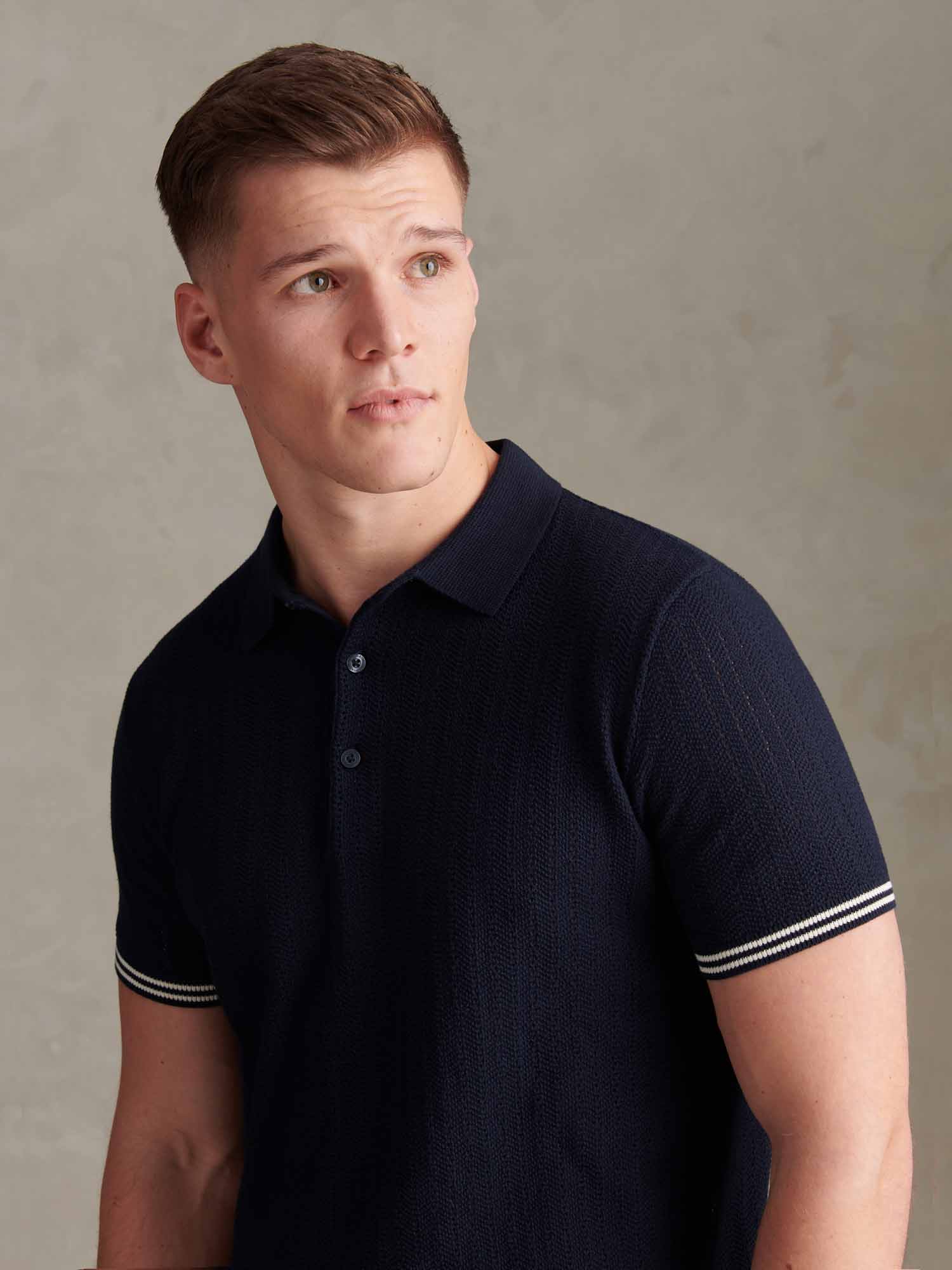Mens Tipped Open Knit Polo Shirt Dark Sapphire Navy