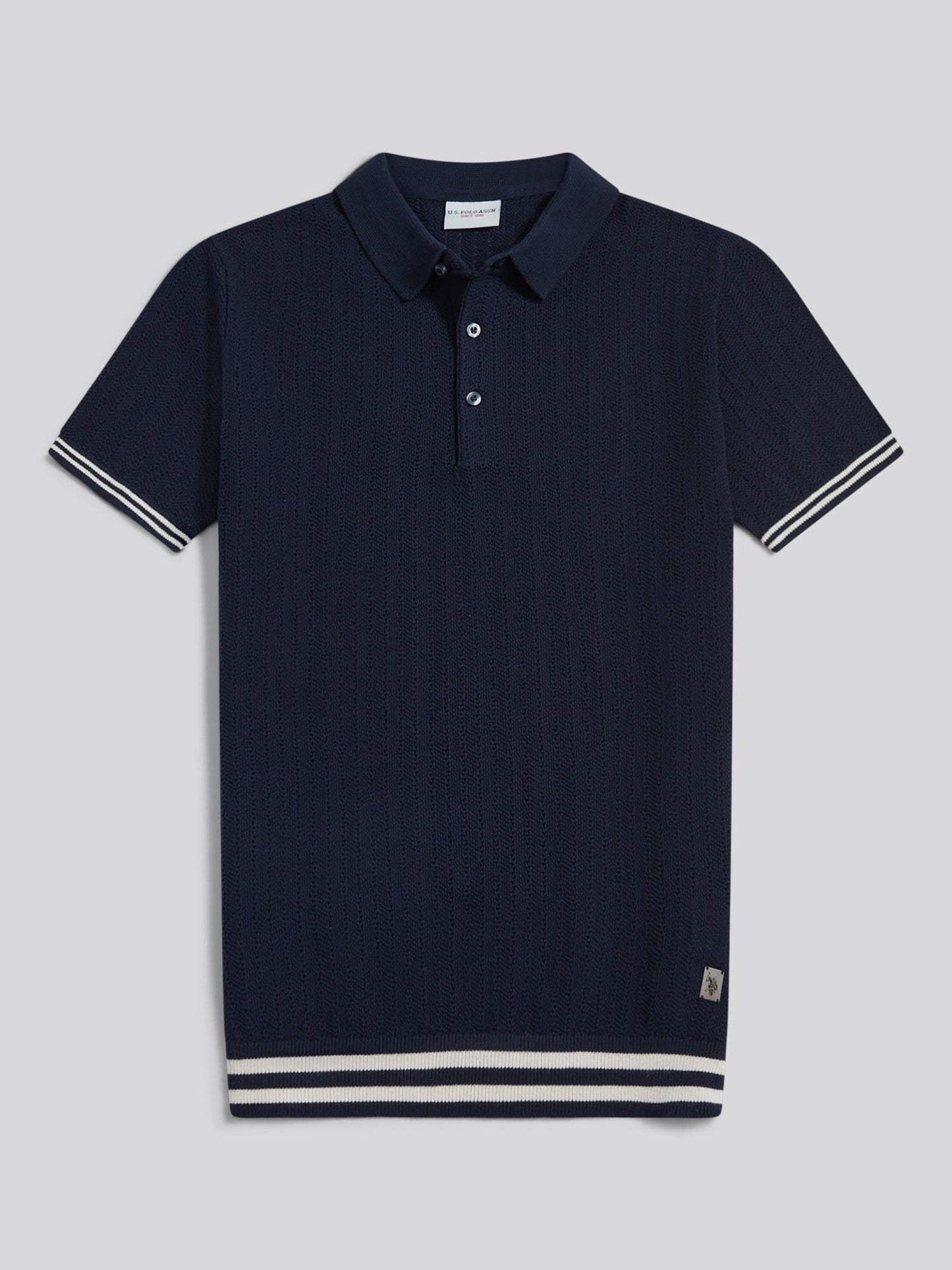 Mens Tipped Open Knit Polo Shirt Dark Sapphire Navy