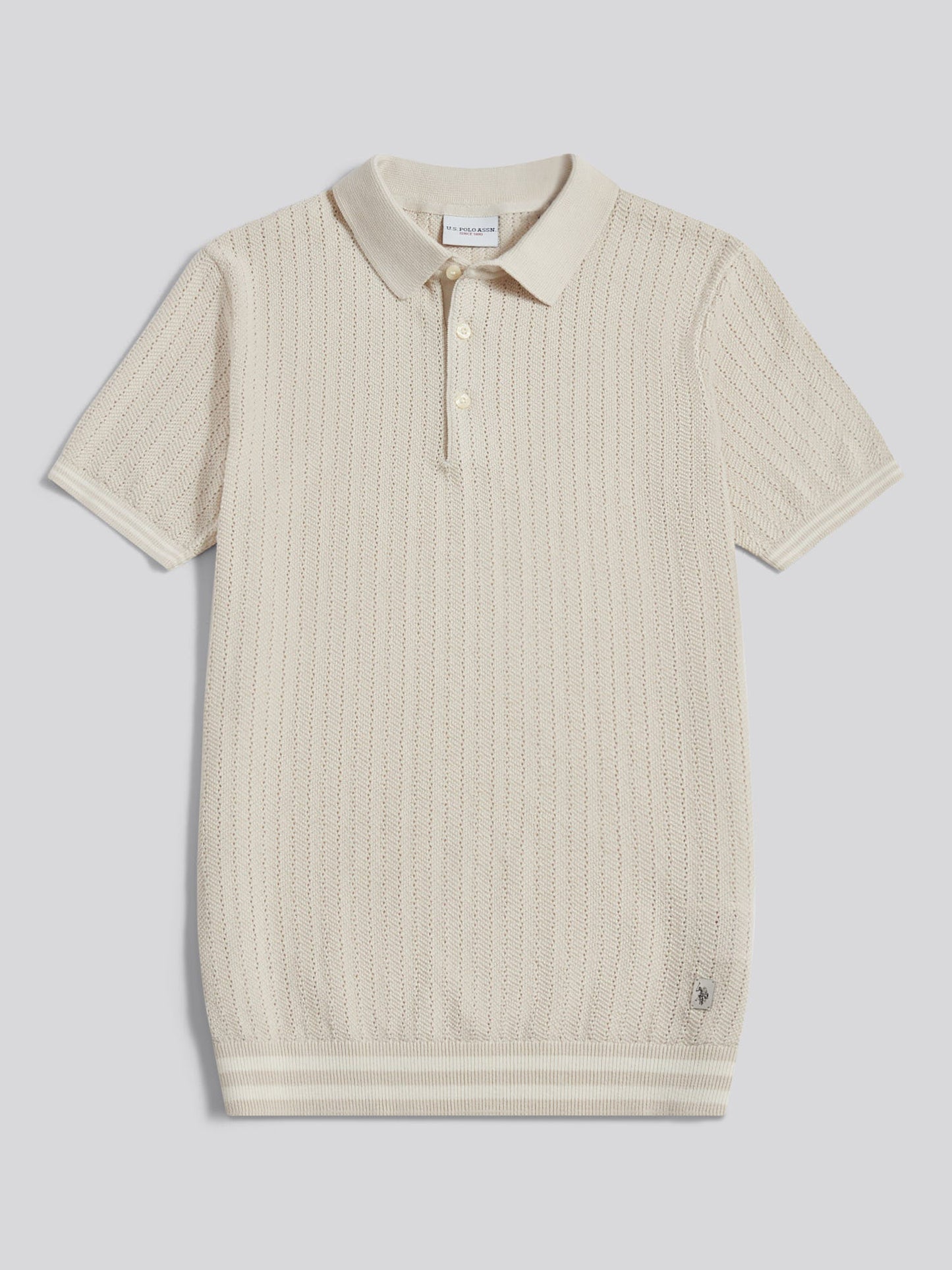 Mens Tipped Open Knit Polo Shirt Beige