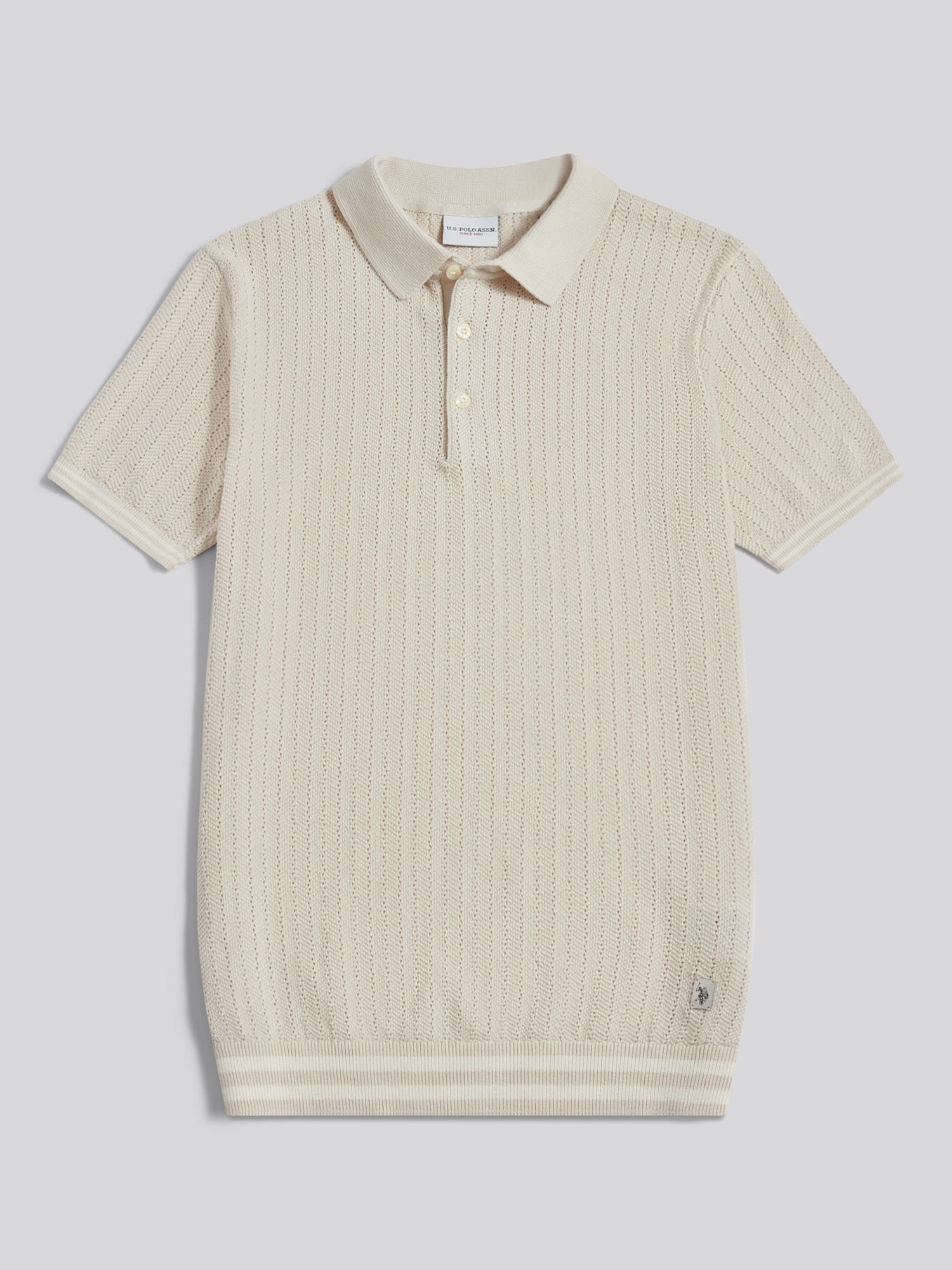 Mens Tipped Open Knit Polo Shirt Beige