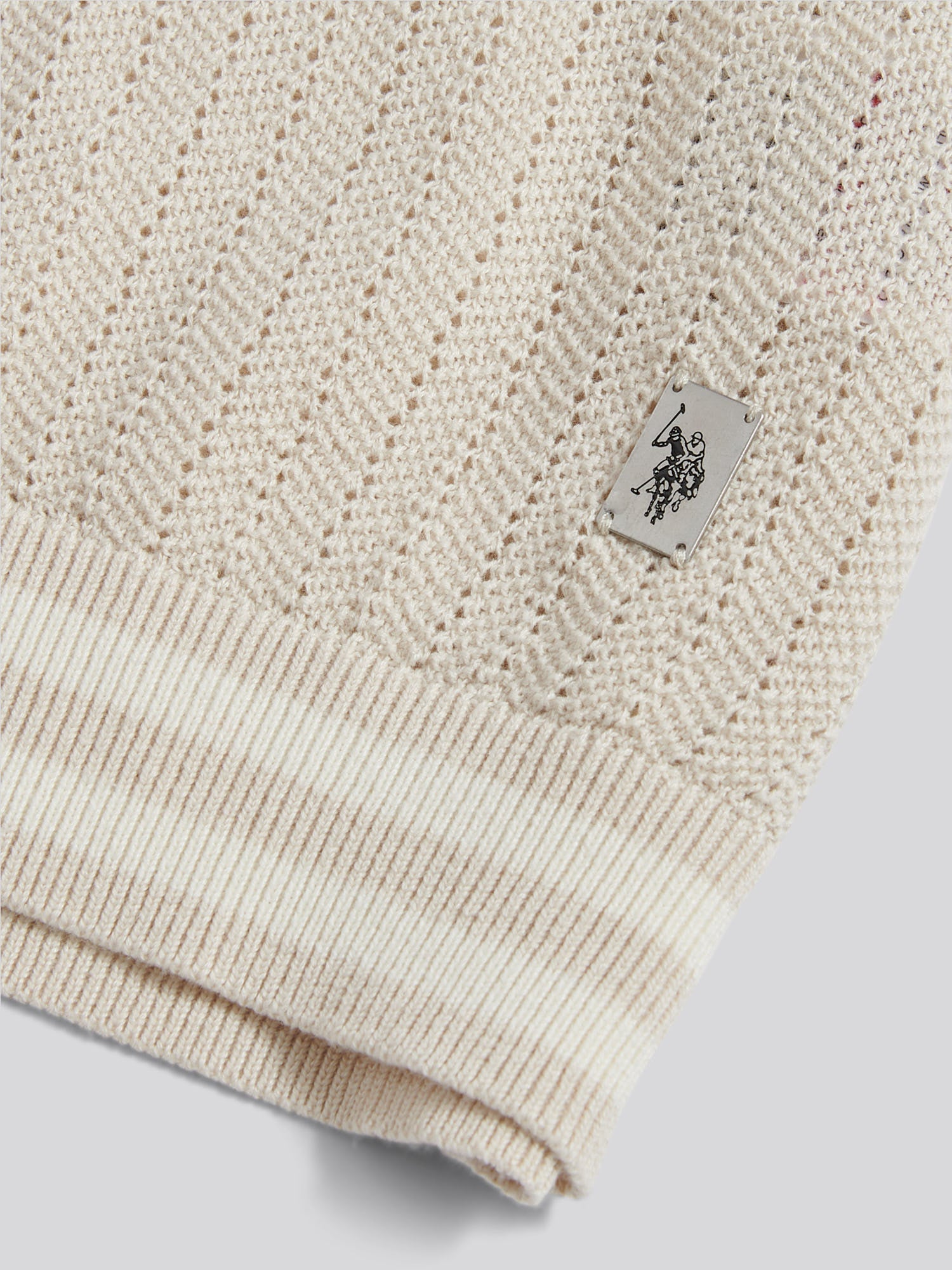 Mens Tipped Open Knit Polo Shirt Beige
