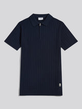 Mens Smart Textured Knit Quarter Zip Polo Shirt Dark Sapphire Navy