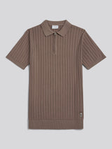 Mens Smart Textured Knit Quarter Zip Polo Shirt Walnut