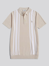 Mens Tonal Vertical Stripe Knit Polo Shirt Beige