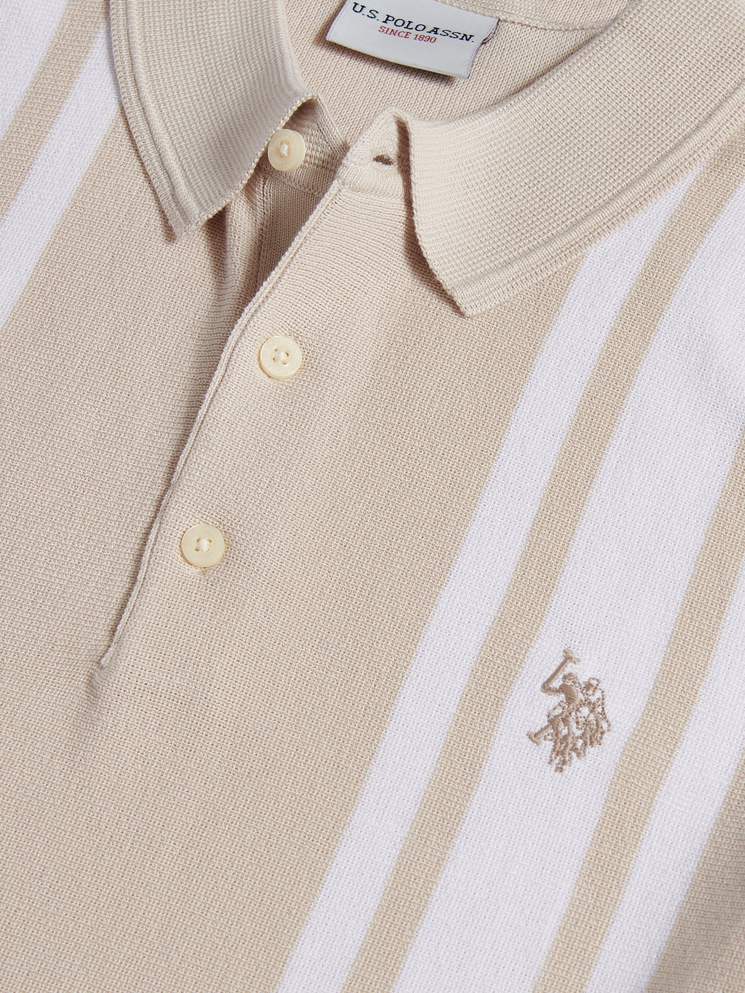Mens Tonal Vertical Stripe Knit Polo Shirt Beige