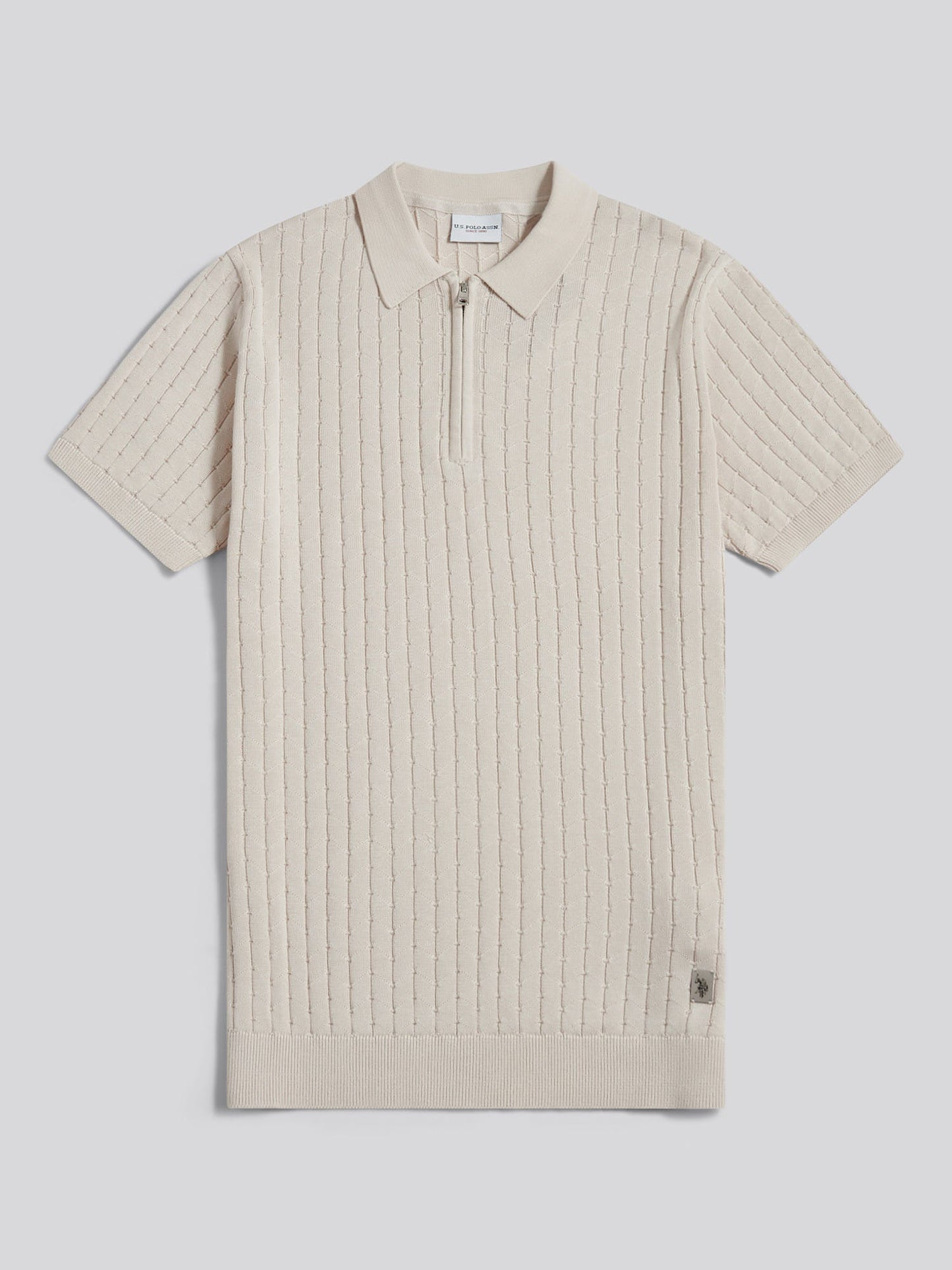 Mens Zip Knit Short Sleeve Polo Shirt Beige
