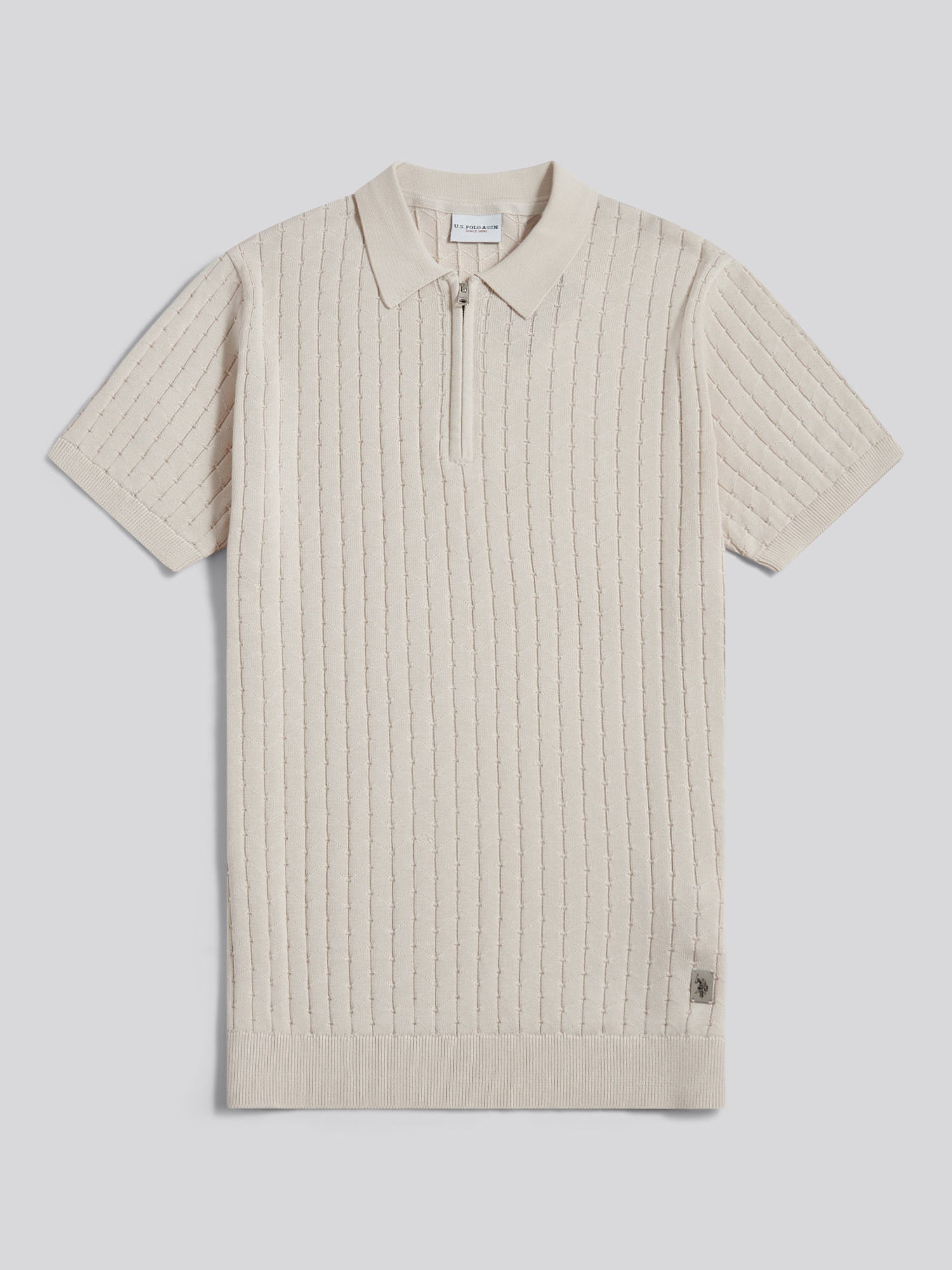 Mens Zip Knit Short Sleeve Polo Shirt Beige