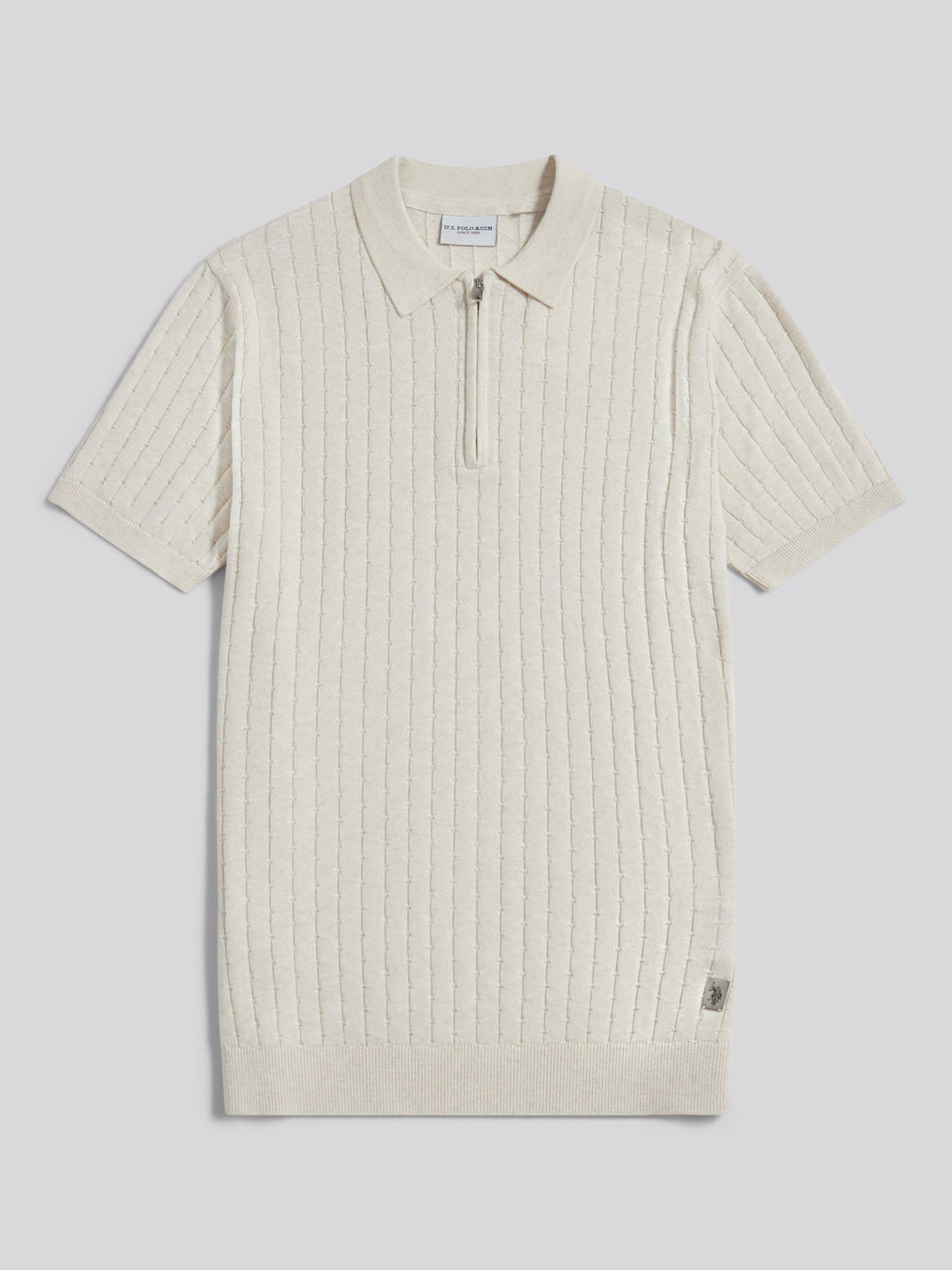 Mens Zip Knit Short Sleeve Polo Shirt Birch Marl